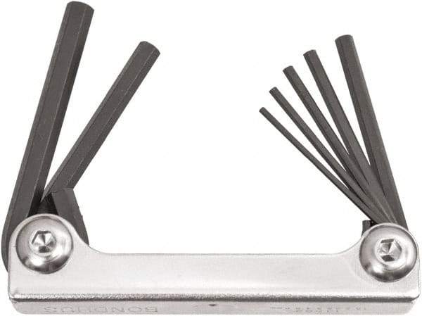 Bondhus - 7 Piece Fold-Up Ball End Hex Key Set - Hex Range 2 to 8mm, 6.63" OAL, Protanium High Torque Steel - Exact Tool & Supply