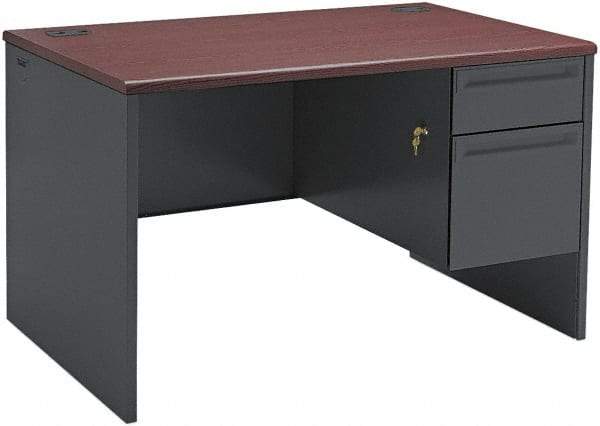 Hon - Steel-Reinforced High-Pressure Laminate/Metal Right Pedestal Desk - 48" Wide x 30" Deep x 29" High, Mahogany/Charcoal - Exact Tool & Supply
