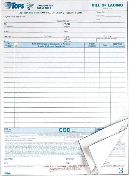 TOPS - 50 Sheet, 8-1/2 x 11", Bill of Lading - White - Exact Tool & Supply