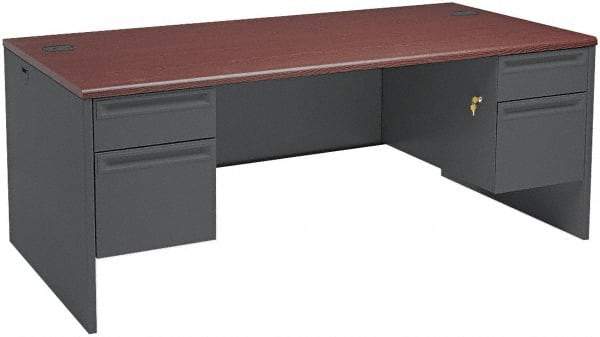 Hon - Steel-Reinforced High-Pressure Laminate/Metal Double Pedestal Desk - 72" Wide x 36" Deep x 29" High, Mahogany/Charcoal - Exact Tool & Supply