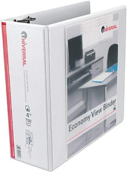UNIVERSAL - 4" Sheet Capacity, 11 x 8-1/2", View Ring Binder - Vinyl, White - Exact Tool & Supply