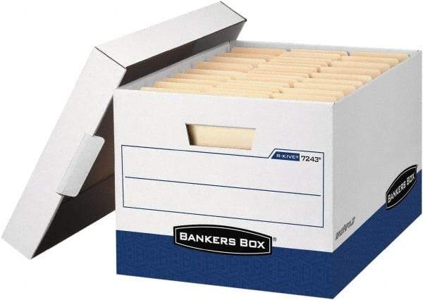 BANKERS BOX - 1 Compartment, 12 Inch Wide x 15 Inch Deep x 10 Inch High, File Storage Box - Corrugated, White and Blue - Exact Tool & Supply