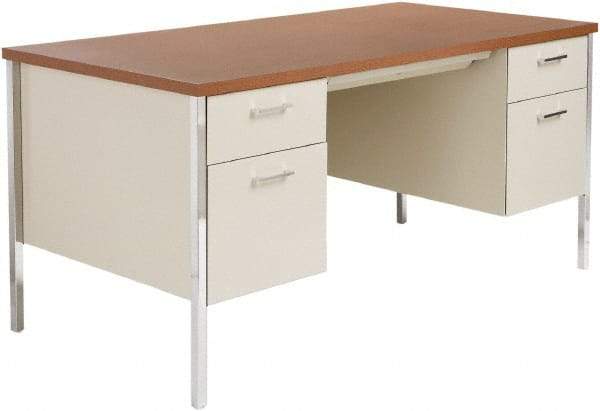 ALERA - Woodgrain Laminate/Steel Double Pedestal Desk with Center Drawer - 60" Wide x 30" Deep x 29" High, Cherry/Putty - Exact Tool & Supply