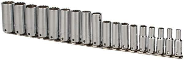 Proto - 18 Piece 3/8" Drive Tethered Deep Socket Set - 12 Points, 6 to 23mm, Metric Measurement Standard - Exact Tool & Supply