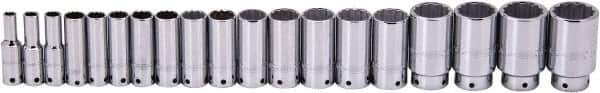 Proto - 19 Piece 1/2" Drive Deep Well Socket Set - 12 Points, 3/8" to 1-1/2" Range, Inch Measurement Standard - Exact Tool & Supply