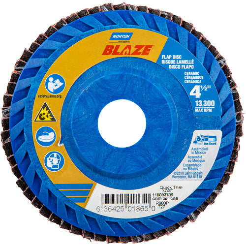 ‎4-1/2 × 7/8″ Blaze Plastic Flat Flap Disc Type 27 36 Grit R980P Premium Ceramic Alumina - Exact Tool & Supply