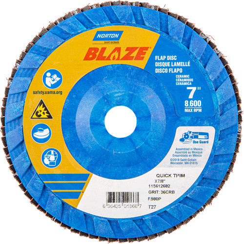 7 × 7/8″ Blaze Plastic Flat Flap Disc Type 27 36 Grit R980P Premium Ceramic Alumina - Exact Tool & Supply