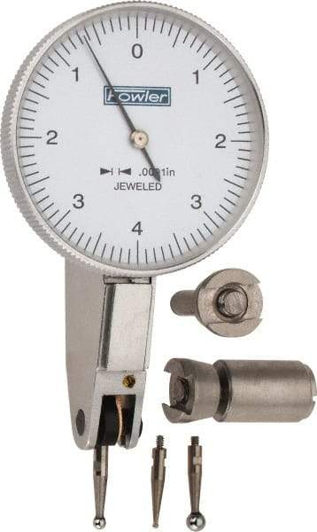 Fowler - 0.008 Inch Range, 0.0001 Inch Dial Graduation, Horizontal Dial Test Indicator - 1-1/2 Inch White Dial, 0-4-0 Dial Reading - Exact Tool & Supply