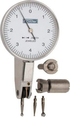 Fowler - 0.008 Inch Range, 0.0001 Inch Dial Graduation, Horizontal Dial Test Indicator - 1-1/2 Inch White Dial, 0-4-0 Dial Reading - Exact Tool & Supply