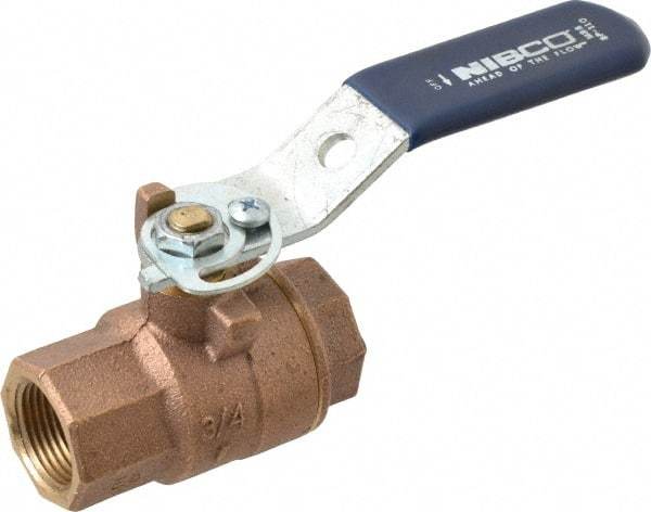 NIBCO - 3/4" Pipe, Full Port, Bronze Standard Ball Valve - 2 Piece, Inline - One Way Flow, FNPT x FNPT Ends, Lever with Memory Stop Handle, 600 WOG, 150 WSP - Exact Tool & Supply