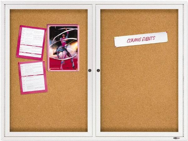 Quartet - 48" Wide x 36" High Enclosed Cork Bulletin Board - Natural Cork over Fiberboard, Aluminum Frame - Exact Tool & Supply