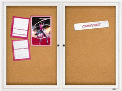Quartet - 48" Wide x 36" High Enclosed Cork Bulletin Board - Natural Cork over Fiberboard, Aluminum Frame - Exact Tool & Supply