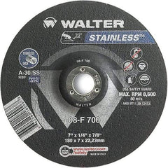 WALTER Surface Technologies - 30 Grit, 7" Wheel Diam, 1/4" Wheel Thickness, 7/8" Arbor Hole, Type 27 Depressed Center Wheel - Aluminum Oxide, Resinoid Bond, 8,600 Max RPM - Exact Tool & Supply