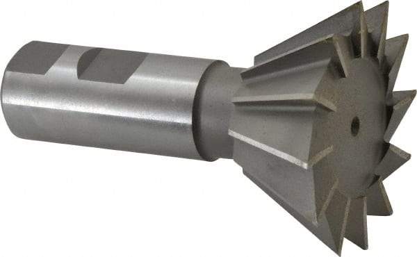 Made in USA - 2-1/2" Diam x 1-1/8" Width of Cut, 60° Included Angle, Cobalt Dovetail Cutter - 1" Shank Diam, 2-5/8" Shank Length, 3-3/4" Overall Length, Weldon Flat, Uncoated - Exact Tool & Supply