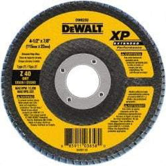 DeWALT - 40 Grit, 4-1/2" Disc Diam, 7/8" Center Hole, Type 27 Zirconia Alumina Flap Disc - 13,300 Max RPM, Cloth Backing, Arbor Attaching System, Coated - Exact Tool & Supply