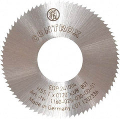 Controx - 1" Diam x 0.012" Blade Thickness x 3/8" Arbor Hole Diam, 80 Tooth Slitting and Slotting Saw - Arbor Connection, Right Hand, Uncoated, High Speed Steel, Concave Ground - Exact Tool & Supply