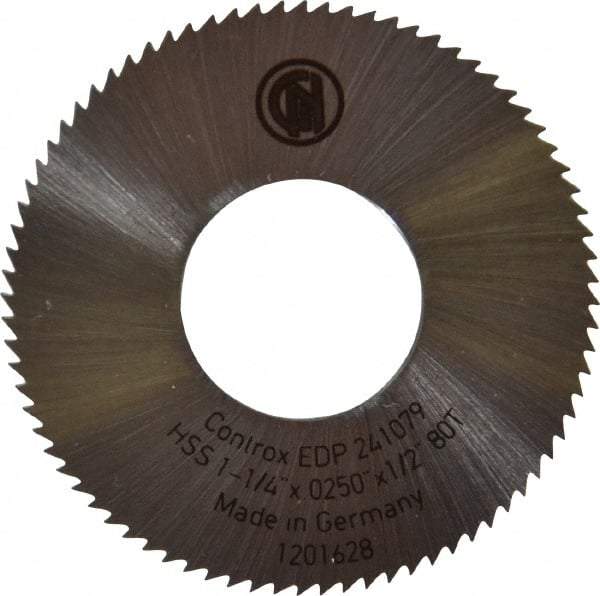 Controx - 1-1/4" Diam x 0.025" Blade Thickness x 1/2" Arbor Hole Diam, 80 Tooth Slitting & Slotting Saw - Arbor Connection, Right Hand, Uncoated, M2 High Speed Steel, Concave Ground - Exact Tool & Supply