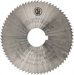 Controx - 2-1/2" Diam x 0.0781" Blade Thickness x 5/8" Arbor Hole Diam, 72 Tooth Slitting and Slotting Saw - Arbor Connection, Right Hand, Uncoated, Cobalt, Concave Ground, Contains Keyway - Exact Tool & Supply