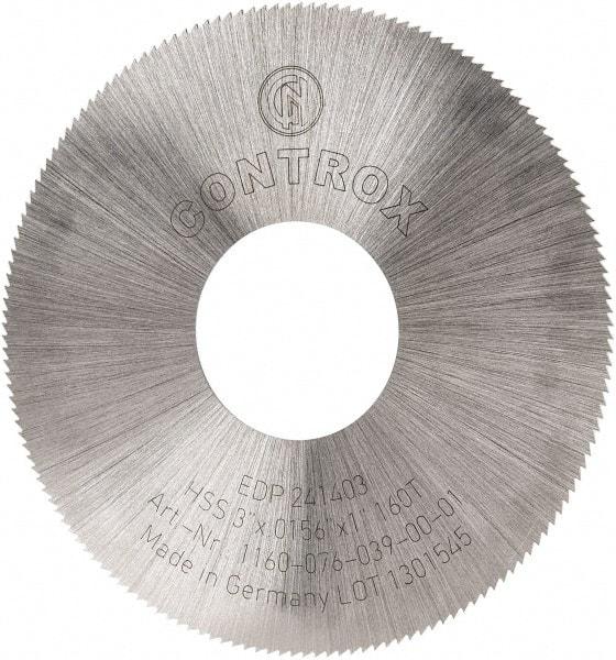 Controx - 3" Diam x 0.0156" Blade Thickness x 1" Arbor Hole Diam, 160 Tooth Slitting and Slotting Saw - Arbor Connection, Right Hand, Uncoated, High Speed Steel, Concave Ground - Exact Tool & Supply