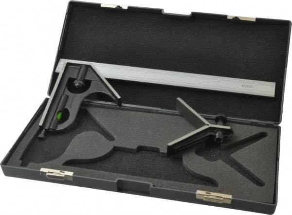 SPI - 3 Piece, 12" Combination Square Set - 1/100, 1/32, 1/50 & 1/64" (16R) Graduation, Hardened Steel Blade, Hardened Steel Center & Square Head - Exact Tool & Supply