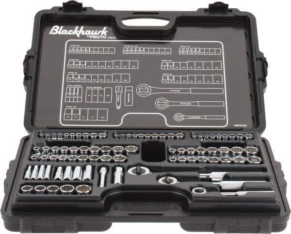 Blackhawk by Proto - 82 Piece 1/4" & 3/8" Drive Deep Well Socket Set - 6, 12 Points, 5/32" to 13/16" (4mm to 19mm) Range, Inch/Metric Measurement Standard - Exact Tool & Supply