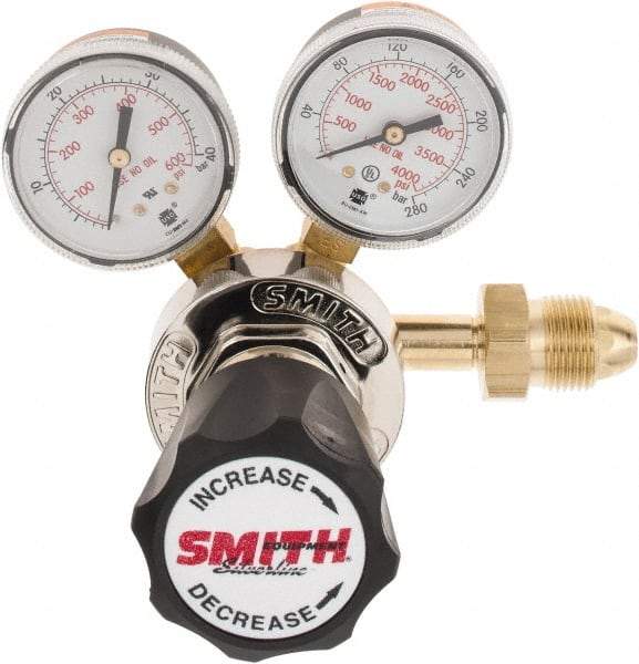Miller-Smith - 580 CGA Inlet Connection, Male Fitting, 450 Max psi, Nitrogen Welding Regulator - 7/16-20 External Flair Fitting Thread, 4,000 Max psi Inlet, 600 Max psi Outlet, Right Hand Rotation - Exact Tool & Supply