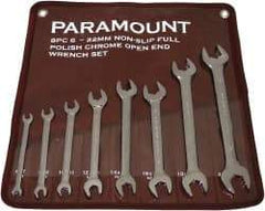 Paramount - 8 Piece, 6mm to 22mm, Open End Wrench Set - Metric Measurement Standard, Full Polish Finish, Comes in Canvas Pouch - Exact Tool & Supply