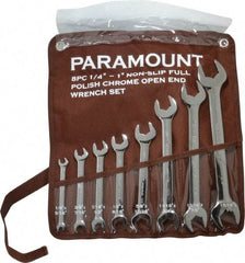 Paramount - 8 Piece, 1/4" to 1", Open End Wrench Set - Inch Measurement Standard, Full Polish Finish, Comes in Canvas Pouch - Exact Tool & Supply
