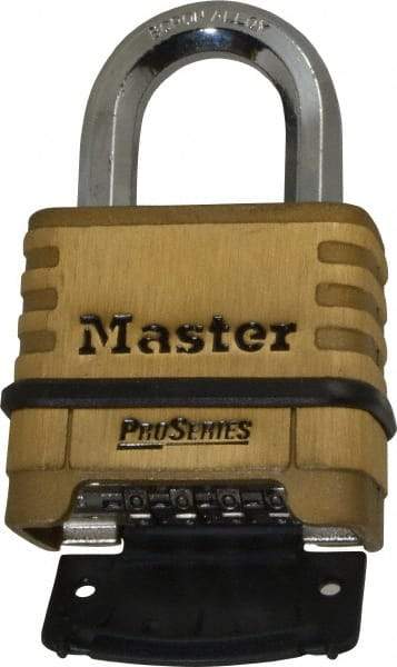 Master Lock - 2-1/4" Body Width x 2" Body Height, 1.063" Shackle Clearance, Brass Body & Boron Carbide Combination Lock - 3/8" Shackle Diam - Exact Tool & Supply