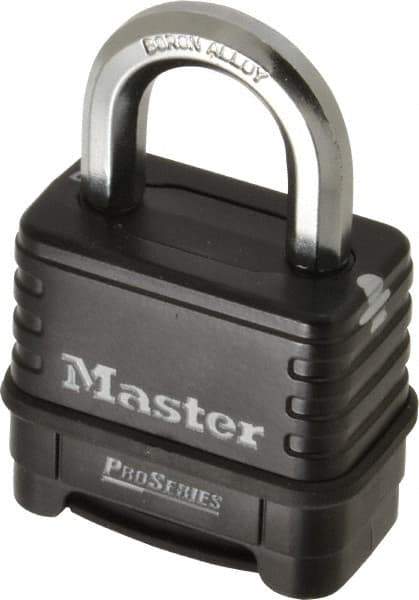 Master Lock - 2-1/4" Body Width x 2" Body Height, 1.063" Shackle Clearance, Die Cast Body & Boron Carbide Combination Lock - 3/8" Shackle Diam - Exact Tool & Supply