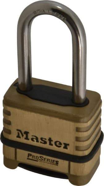 Master Lock - 2-1/4" Body Width x 2" Body Height, 2.094" Shackle Clearance, Brass Body & Stainless Steel Combination Lock - 5/16" Shackle Diam - Exact Tool & Supply