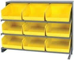 Quantum Storage - 9 Bin Store-More Sloped Shelving System - 36 Inch Overall Width x 12 Inch Overall Depth x 26-1/2 Inch Overall Height, Yellow Polypropylene Bins - Exact Tool & Supply