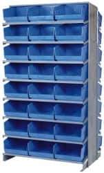 Quantum Storage - 48 Bin Store-More Sloped Shelving System - 36 Inch Overall Width x 24 Inch Overall Depth x 63-1/2 Inch Overall Height, Blue Polypropylene Bins - Exact Tool & Supply