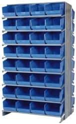 Quantum Storage - 64 Bin Store-More Sloped Shelving System - 36 Inch Overall Width x 24 Inch Overall Depth x 63-1/2 Inch Overall Height, Blue Polypropylene Bins - Exact Tool & Supply