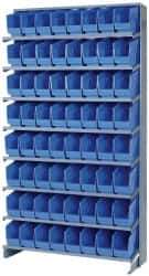 Quantum Storage - 64 Bin Store-More Sloped Shelving System - 36 Inch Overall Width x 12 Inch Overall Depth x 63-1/2 Inch Overall Height, Blue Polypropylene Bins - Exact Tool & Supply