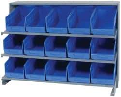 Quantum Storage - 15 Bin Store-More Sloped Shelving System - 36 Inch Overall Width x 12 Inch Overall Depth x 26-1/2 Inch Overall Height, Blue Polypropylene Bins - Exact Tool & Supply