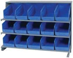 Quantum Storage - 15 Bin Store-More Sloped Shelving System - 36 Inch Overall Width x 12 Inch Overall Depth x 26-1/2 Inch Overall Height, Blue Polypropylene Bins - Exact Tool & Supply