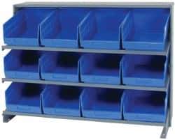 Quantum Storage - 12 Bin Store-More Sloped Shelving System - 36 Inch Overall Width x 12 Inch Overall Depth x 26-1/2 Inch Overall Height, Blue Polypropylene Bins - Exact Tool & Supply