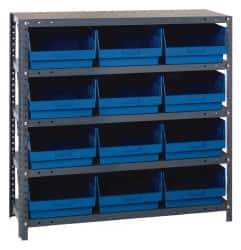 Quantum Storage - 12 Bin Store-More Shelf Bin System - 36 Inch Overall Width x 18 Inch Overall Depth x 39 Inch Overall Height, Blue Polypropylene Bins - Exact Tool & Supply