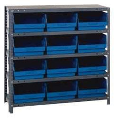 Quantum Storage - 12 Bin Store-More Shelf Bin System - 36 Inch Overall Width x 18 Inch Overall Depth x 39 Inch Overall Height, Blue Polypropylene Bins - Exact Tool & Supply