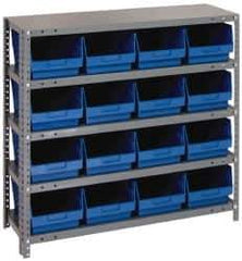 Quantum Storage - 16 Bin Store-More Shelf Bin System - 36 Inch Overall Width x 12 Inch Overall Depth x 39 Inch Overall Height, Blue Polypropylene Bins - Exact Tool & Supply