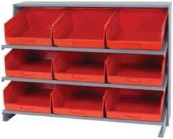 Quantum Storage - 9 Bin Store-More Sloped Shelving System - 36 Inch Overall Width x 12 Inch Overall Depth x 26-1/2 Inch Overall Height, Red Polypropylene Bins - Exact Tool & Supply