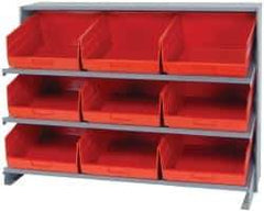 Quantum Storage - 9 Bin Store-More Sloped Shelving System - 36 Inch Overall Width x 12 Inch Overall Depth x 26-1/2 Inch Overall Height, Red Polypropylene Bins - Exact Tool & Supply