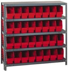 Quantum Storage - 32 Bin Store-More Shelf Bin System - 36 Inch Overall Width x 18 Inch Overall Depth x 39 Inch Overall Height, Red Polypropylene Bins - Exact Tool & Supply