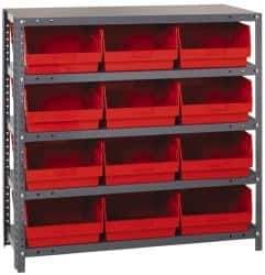 Quantum Storage - 12 Bin Store-More Shelf Bin System - 36 Inch Overall Width x 12 Inch Overall Depth x 39 Inch Overall Height, Red Polypropylene Bins - Exact Tool & Supply