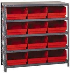 Quantum Storage - 12 Bin Store-More Shelf Bin System - 36 Inch Overall Width x 12 Inch Overall Depth x 39 Inch Overall Height, Red Polypropylene Bins - Exact Tool & Supply