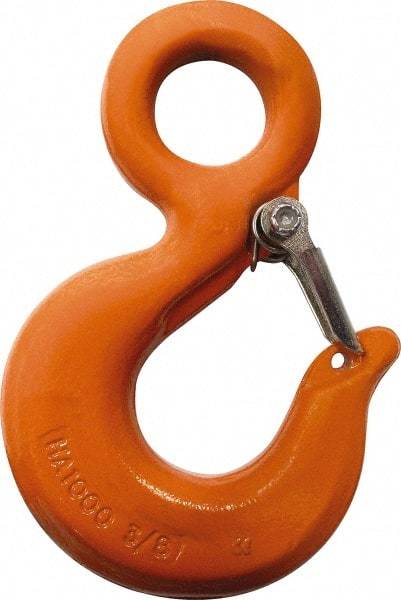 CM - Chain Grade 100, 8,800 Lbs. Load Limit Eye Rigging Hook with Latch - 1.19 Inch Hook Throat, 4.67 Inch Reach, 1-1/4 Inch Eye Inside Diameter, 3/8 Inch Chain Diameter, 6.55 Inch Overall Length, 0.63 Inch Eye Thickness - Exact Tool & Supply