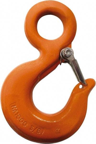 CM - Chain Grade 100, 22,600 Lbs. Load Limit Eye Rigging Hook with Latch - 1.78 Inch Hook Throat, 7.31 Inch Reach, 2 Inch Eye Inside Diameter, 5/8 Inch Chain Diameter, 10.07 Inch Overall Length, 0.94 Inch Eye Thickness - Exact Tool & Supply