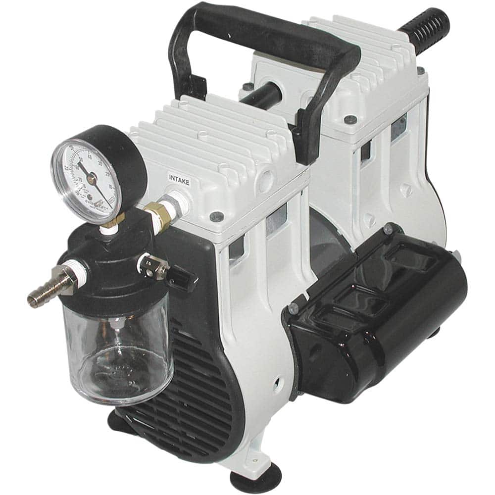 Welch - Piston-Type Vacuum Pumps; Horsepower: .33 ; Cubic Feet per Minute: 7.10 ; Vacuum Pressure (In/Hg): 5.00 ; Voltage: 115V ; Height (Inch): 12 ; Length (Inch): 17 - Exact Tool & Supply