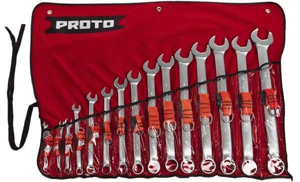 Proto - 15 Piece, 7mm to 32mm, 12 Point Tethered Combination Wrench Set - Metric Measurement Standard, Satin Chrome Finish, Comes in Nylon Roll - Exact Tool & Supply